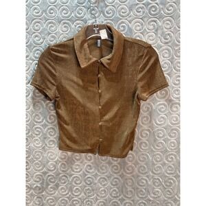 H&M Divided Brown Metallic Knit Short Sleeve Collared Button Up Crop Top S‎